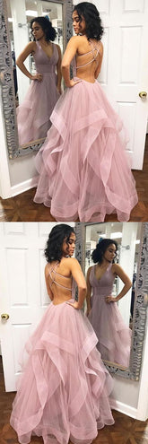 Backless Pale Pink Ball Gown Ruffle Tulle Bottom Prom Gown,Formal Long Dress,GDC1096-Dolly Gown